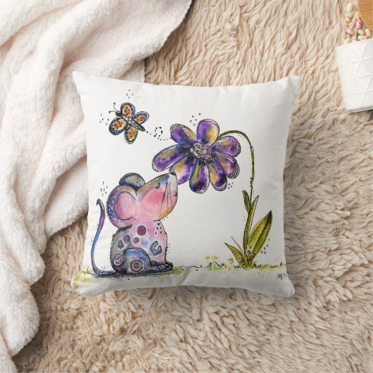 かわいいお洒落ネズミと花 クッション (ブランケット)