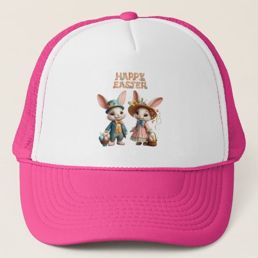 かわいいお洒落ハッピーイースター2羽のウサギ キャップ (正面)