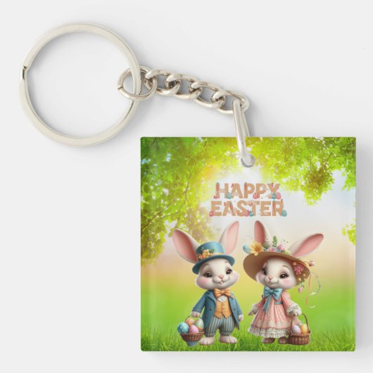 かわいいお洒落ハッピーイースター2羽のウサギ キーホルダー (正面)