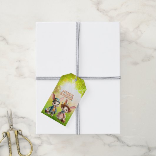 かわいいお洒落ハッピーイースター2羽のウサギ ギフトタグ (より糸付き)