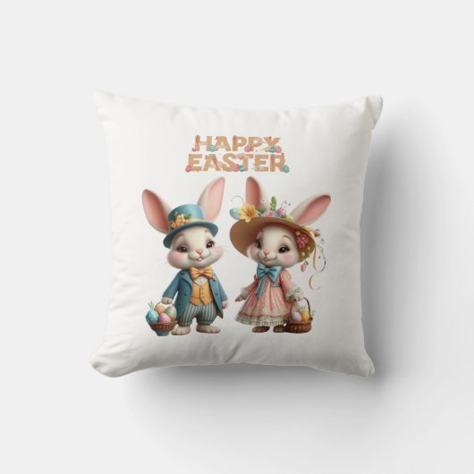 かわいいお洒落ハッピーイースター2羽のウサギ クッション (正面)
