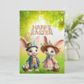かわいいお洒落ハッピーイースター2羽のウサギ シーズンカード (スタンド正面)