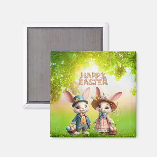 かわいいお洒落ハッピーイースター2羽のウサギ マグネット (正面/裏面)