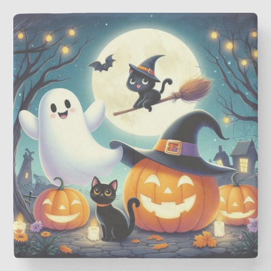かわいいお洒落ハロウィーンカボチャ、猫、幽霊 ストーンコースター (正面)