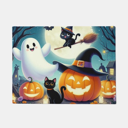 かわいいお洒落ハロウィーンカボチャ、猫、幽霊 ドアマット (正面)
