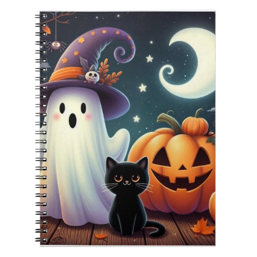 かわいいお洒落ハロウィーンカボチャ、猫、幽霊 ノートブック (正面)