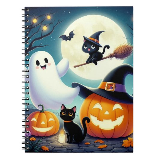かわいいお洒落ハロウィーンカボチャ、猫、幽霊 ノートブック (正面)