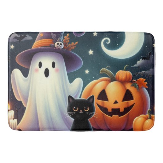 かわいいお洒落ハロウィーンカボチャ、猫、幽霊 バスマット (正面)
