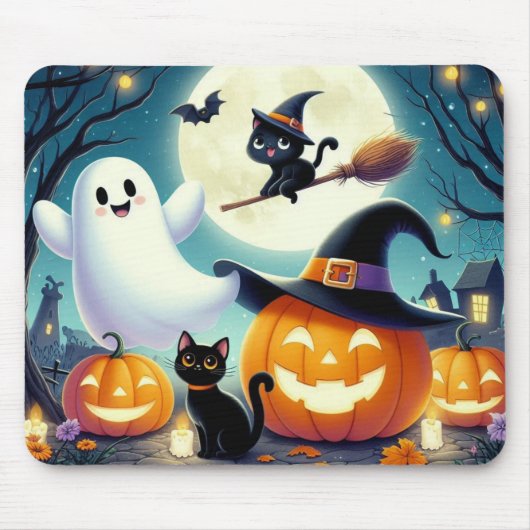 かわいいお洒落ハロウィーンカボチャ、猫、幽霊 マウスパッド (正面)