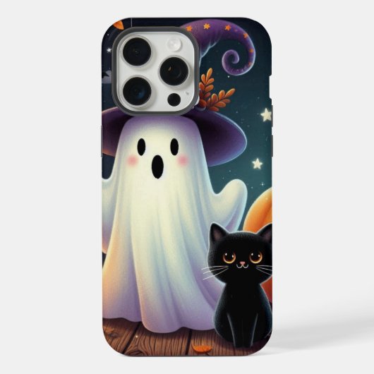 かわいいお洒落ハロウィーンカボチャ、猫、幽霊 iPhoneケース (裏面)
