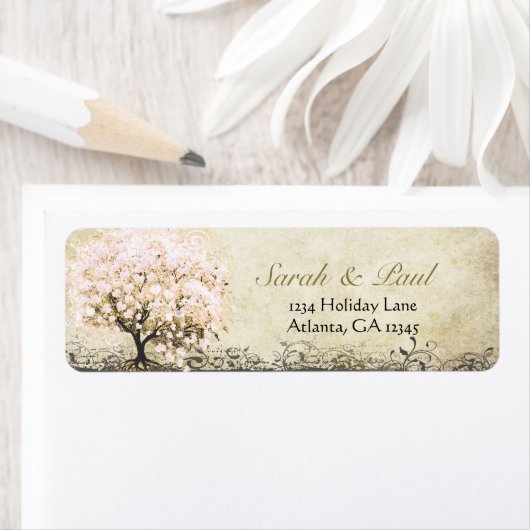 かわいいお洒落ハートの葉が散る木、淡いピンクの点 ラベル (インサイチュ)