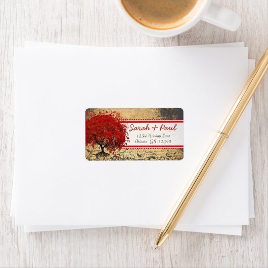 かわいいお洒落ハートリーフツリー赤ピンクドットRSVP ラベル (インサイチュ)