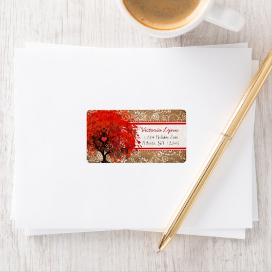 かわいいお洒落ハートリーフレッドツリーレッドピンクドット ラベル (インサイチュ)