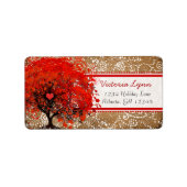 かわいいお洒落ハートリーフレッドツリーレッドピンクドット ラベル (正面)