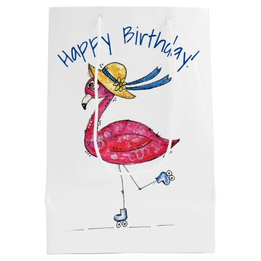 かわいいお洒落ピンクのフラミンゴがスケート場 ミディアムペーパーバッグ (裏面)