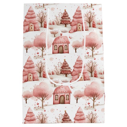 かわいいお洒落ピンクの冬のワンダーランドクリスマス ミディアムペーパーバッグ (裏面)