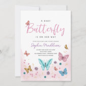 かわいいお洒落ピンクの蝶の女の子の赤ちゃんシャワー 招待状 (正面)