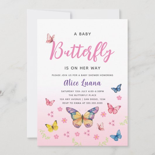 かわいいお洒落ピンクの蝶の女の子の赤ちゃんシャワー 招待状 (正面)