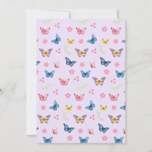 かわいいお洒落ピンクの蝶の女の子の赤ちゃんシャワー 招待状 (裏面)