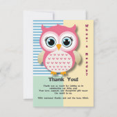 かわいいお洒落ピンクふくろう赤ちゃんシャワー サンキューカード (正面)
