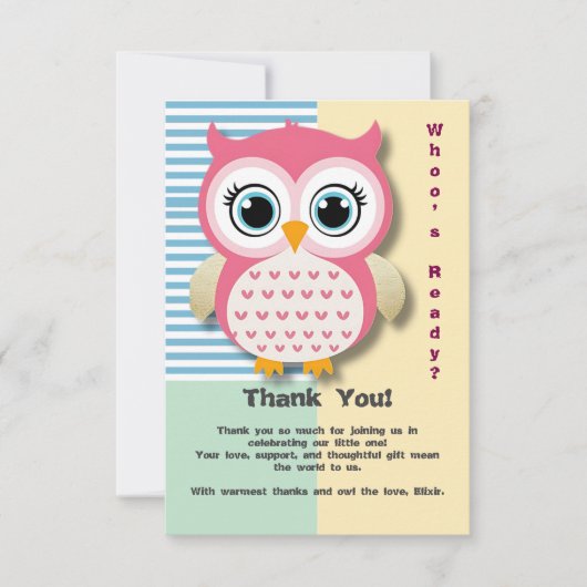 かわいいお洒落ピンクふくろう赤ちゃんシャワー サンキューカード (正面)