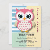 かわいいお洒落ピンクふくろう赤ちゃんシャワー 招待状 (正面)