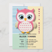 かわいいお洒落ピンクふくろう赤ちゃんシャワー 招待状 (正面)