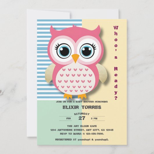 かわいいお洒落ピンクふくろう赤ちゃんシャワー 招待状 (正面)