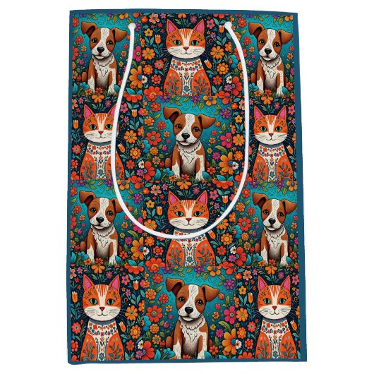 かわいいお洒落フォークアートキャット&ドッグ&フラワー ミディアムペーパーバッグ (正面)