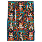 かわいいお洒落フォークアートキャット&ドッグ&フラワー ミディアムペーパーバッグ (裏面)