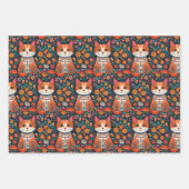 かわいいお洒落フォークアートキャット&ドッグ&フラワー ラッピングペーパーシート (正面3)