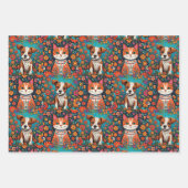 かわいいお洒落フォークアートキャット&ドッグ&フラワー ラッピングペーパーシート (正面)