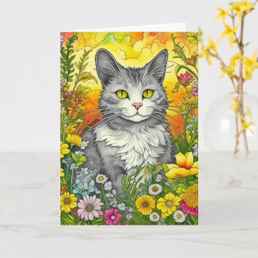 かわいいお洒落フォークアートスタイル猫と花 カード (黄色い花)