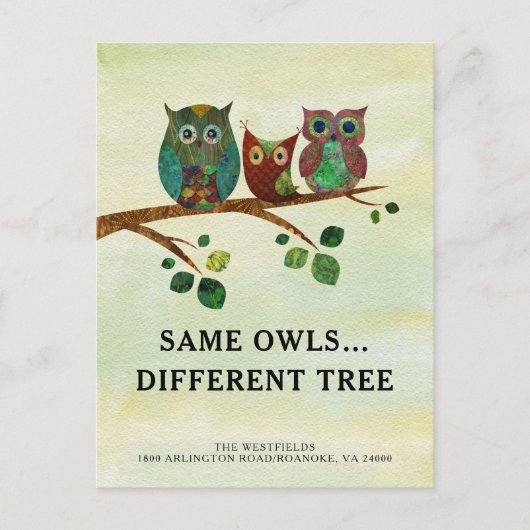 かわいいお洒落フクロウ水彩新しい住所 案内ポストカード (正面)