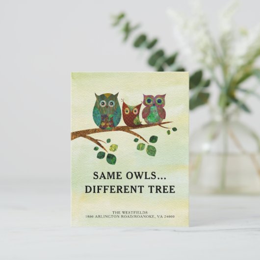 かわいいお洒落フクロウ水彩新しい住所 案内ポストカード (スタンド正面)