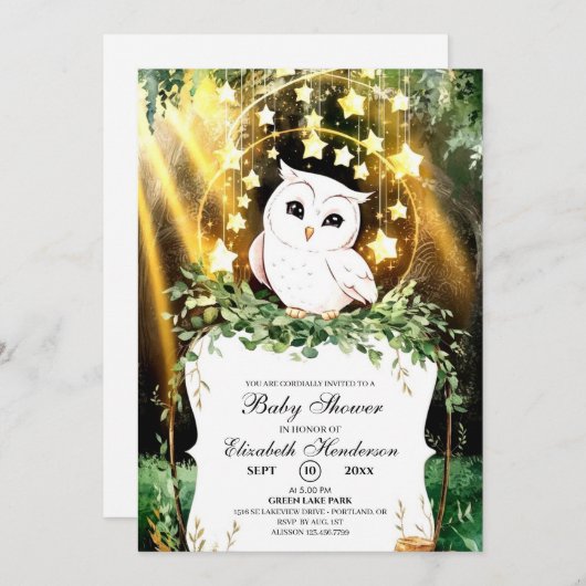 かわいいお洒落フクロウ赤ちゃんシャワー 招待状 (正面/裏面)