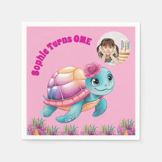 かわいいお洒落フローラウミガメ写真誕生日 スタンダードカクテルナプキン (正面)