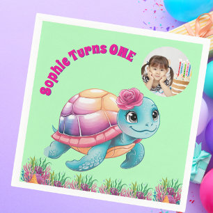 かわいいお洒落フローラウミガメ写真誕生日 スタンダードカクテルナプキン