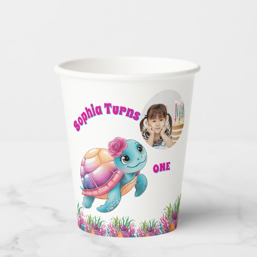 かわいいお洒落フローラウミガメ写真誕生日 紙コップ (正面)