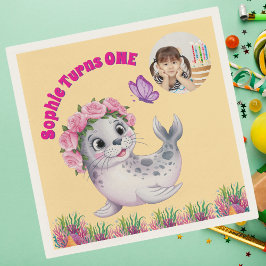 かわいいお洒落フローラシーライオンフォト誕生日 スタンダードカクテルナプキン