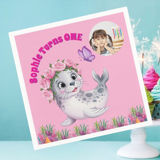 かわいいお洒落フローラシーライオンフォト誕生日 スタンダードカクテルナプキン