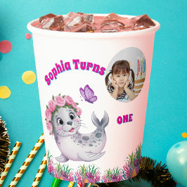 かわいいお洒落フローラシーライオンフォト誕生日 紙コップ