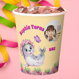かわいいお洒落フローラシーライオンフォト誕生日 紙コップ