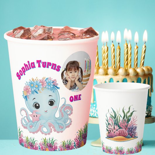 かわいいお洒落フローラタコガーリーフォト誕生日 紙コップ
