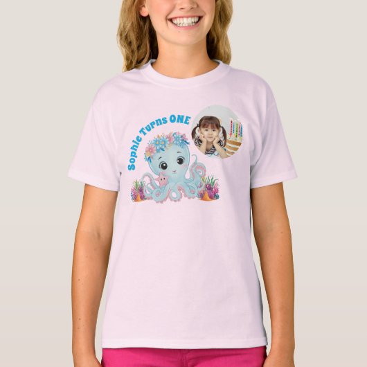 かわいいお洒落フローラタコ写真子供の誕生日 Tシャツ (正面)