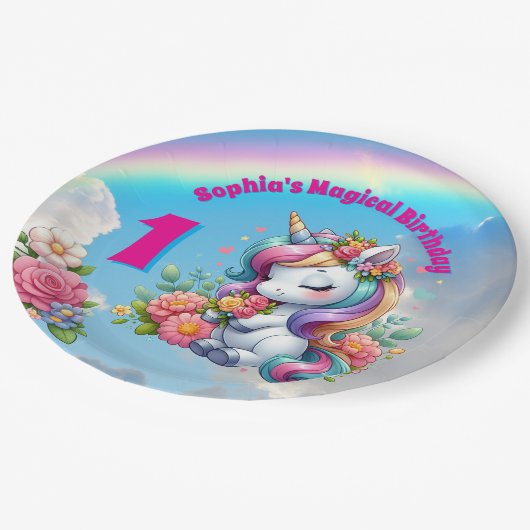 かわいいお洒落フローラユニコーンガーリー1歳の誕生日 ペーパープレート (アングル)