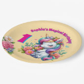 かわいいお洒落フローラユニコーンガーリー1歳の誕生日 ペーパープレート (アングル)