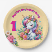 かわいいお洒落フローラユニコーンガーリー1歳の誕生日 ペーパープレート (正面)