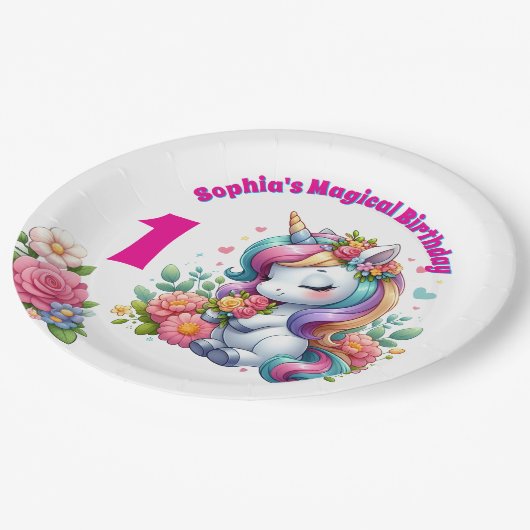 かわいいお洒落フローラユニコーンガーリー1歳の誕生日 ペーパープレート (アングル)