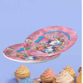 かわいいお洒落フローラユニコーンガーリー1歳の誕生日 ペーパープレート